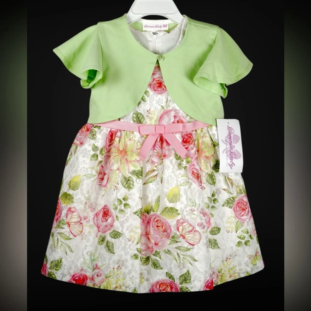 Bonnie Baby 3-Piece Floral Dress Set w/ Green Cardigan & Diaper Cover –Size 24M - Picture 3 of 17